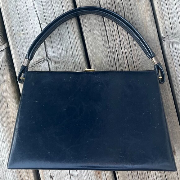 Vintage Navy Box Handbag Gold Hardware Top Handle 50s 60s Classic Chic - Picture 2 of 6